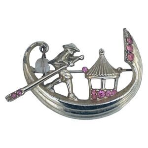 Vintage Gondola Brooch Pin 2" Gold Tone Damascene Rowing Rhinestone